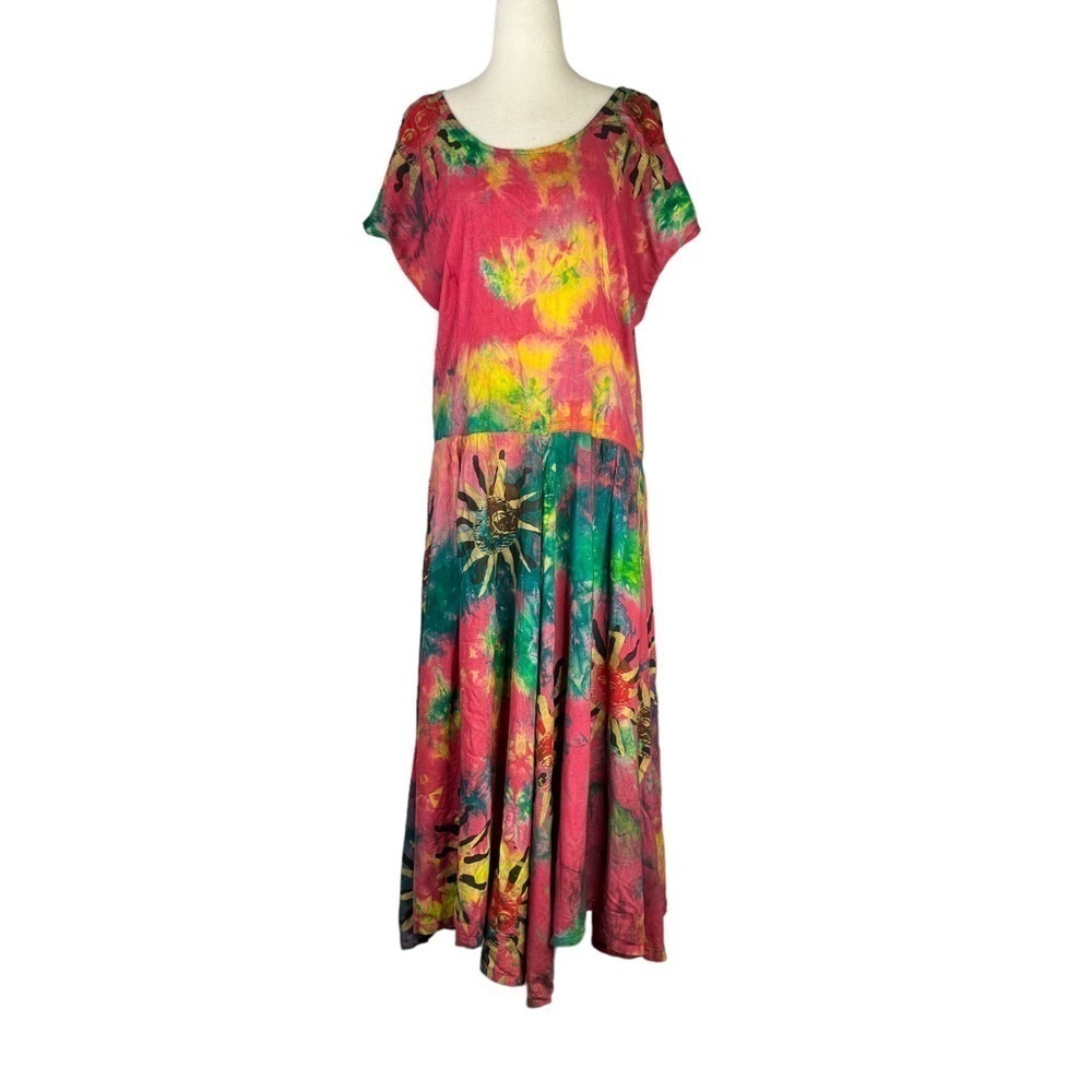 Vintage Savoy tie dye dress metallic gold suns 100% rayon made in india Small